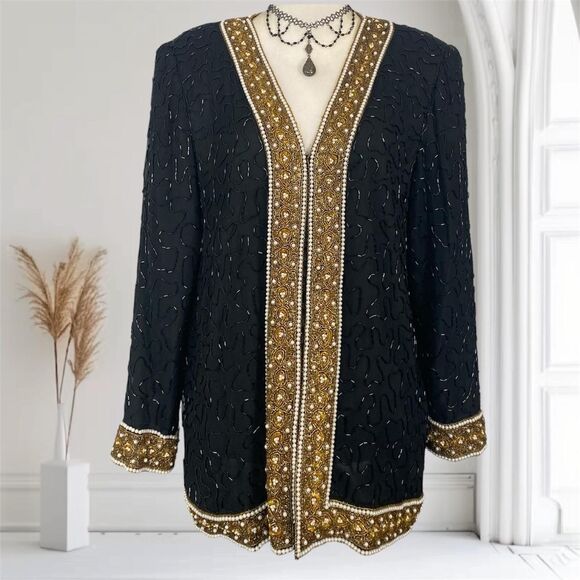 Laurence Kazar Jackets & Blazers - Laurence Kazar Vintage Whimsygoth Silk Beaded Pearl Blazer Cardigan L LP Petite